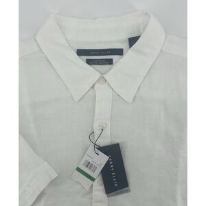 Perry Ellis Button Down Men Lg White Linen Blend Short Sleeve Untucked Shirt NWT